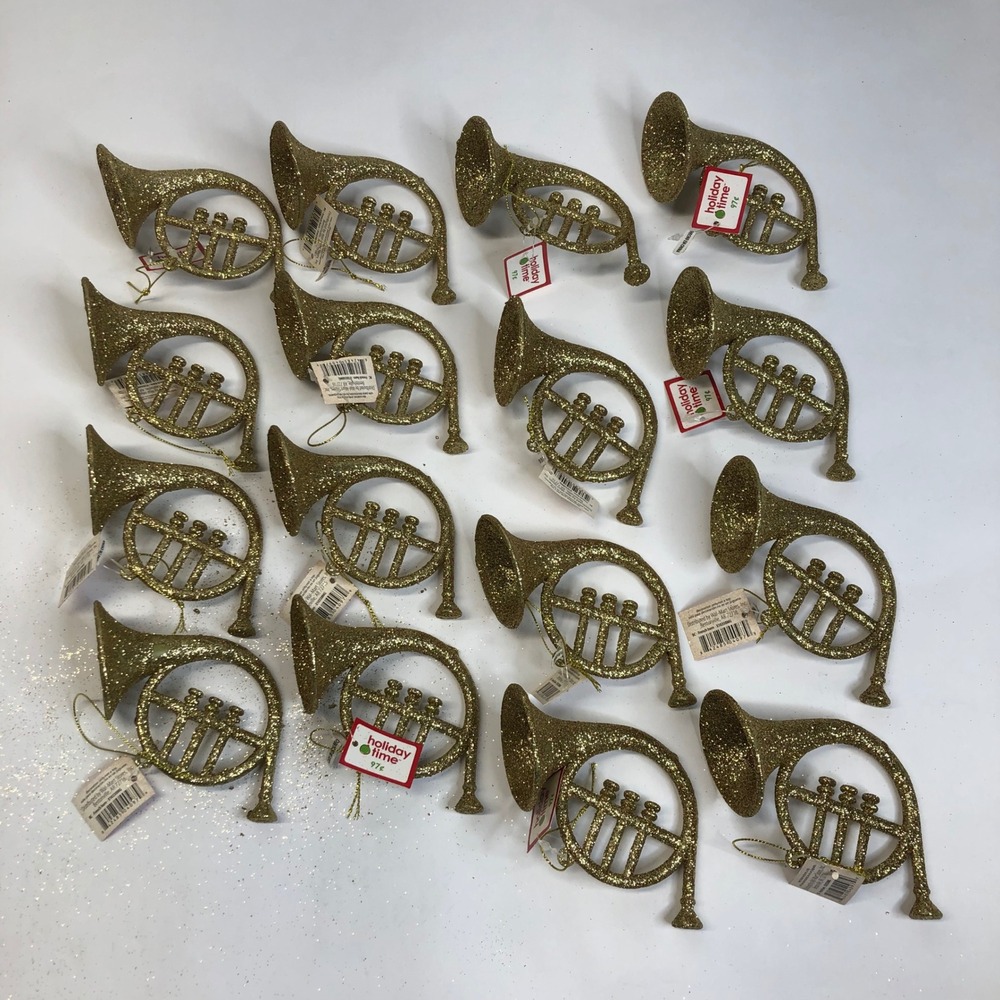 Holiday Time French Horn Christmas Ornament Gold Glitter Set of 16 New